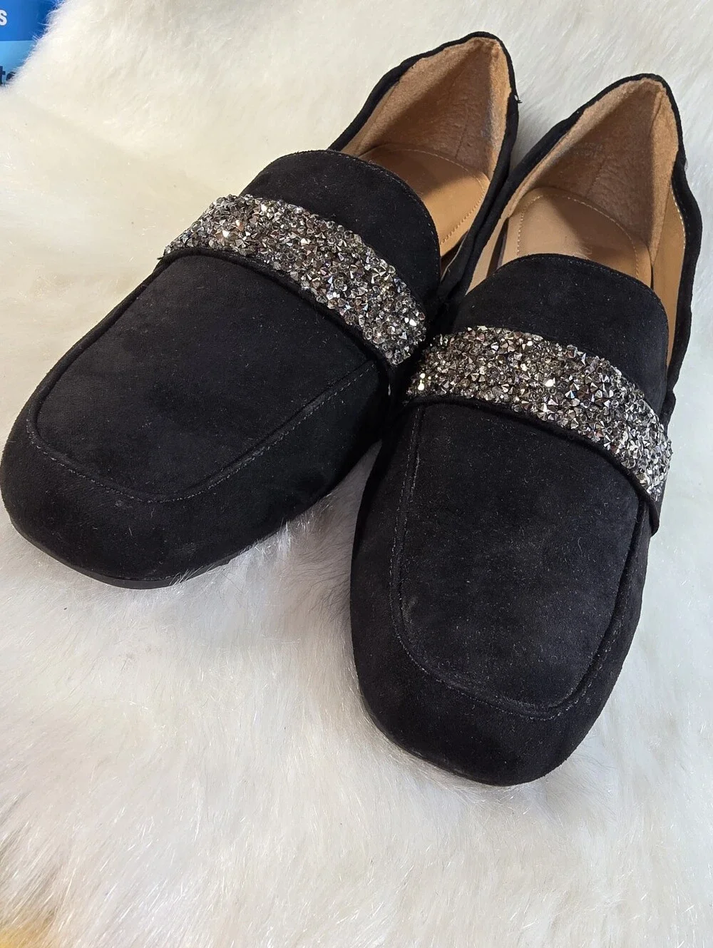 Women's London Fog Alexus Black Suede Loafers with Crystal Strap